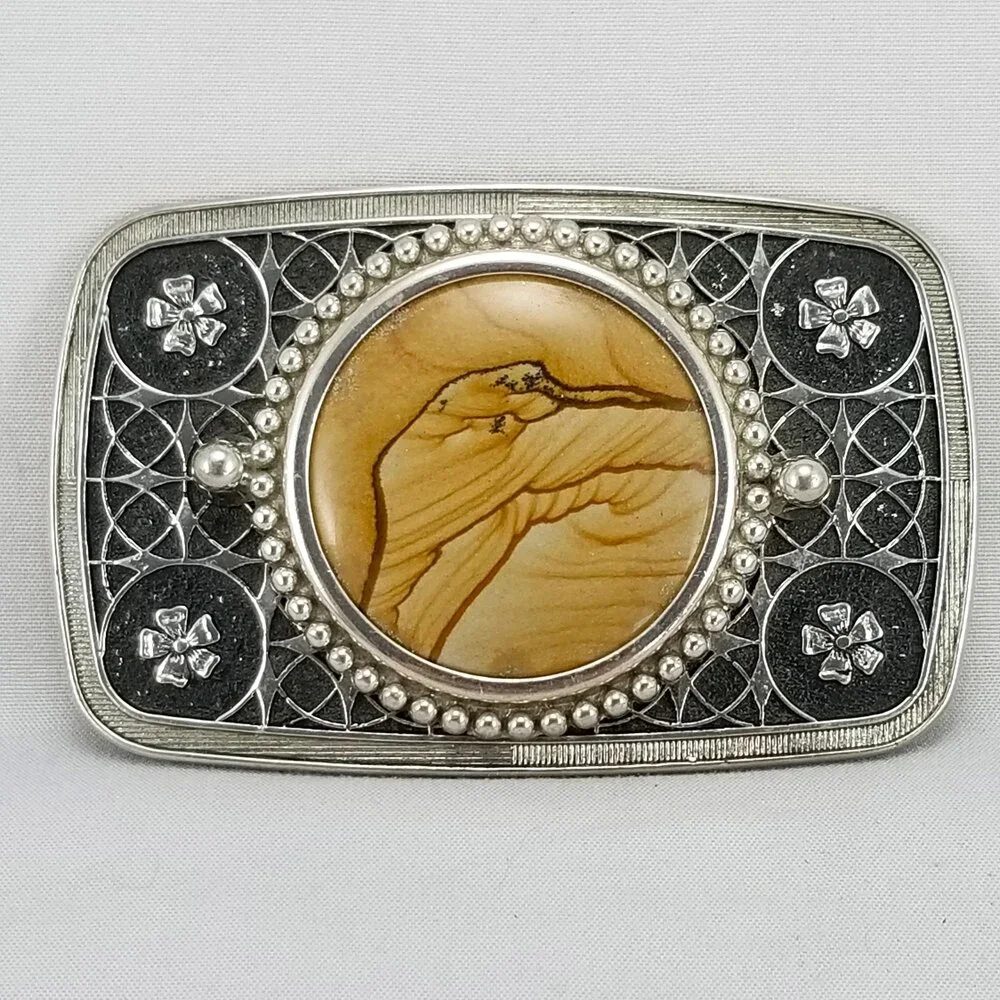 Vintage Belt Buckle Women's Unisex Western Filigree Stars Flowers Agate Cabochon